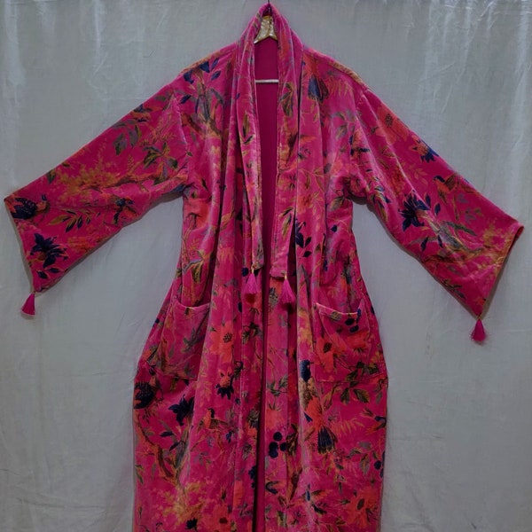 OFMD PINK Bird print velvet Long Kimono Beach Wear Dress Gift For Her Handmade Cover up Bath Robes