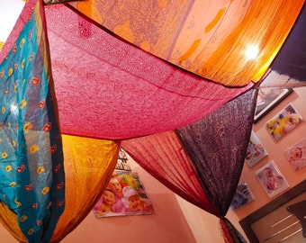 Sari Bed Canopy Bohemian bed canopy Boho decor matching colours Bed Canopy India Fabric Canopy Boho Bed Canopy boho Patchwork Curtain