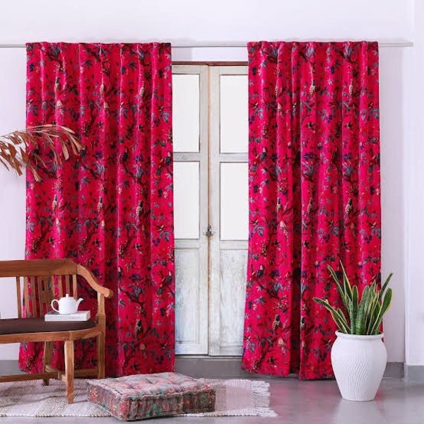 Cotton pink Velvet Bird Print luxury Curtain, Set Of Two Panel Curtains, luxury Drapes Housewarming, Gift Colourful Decor.