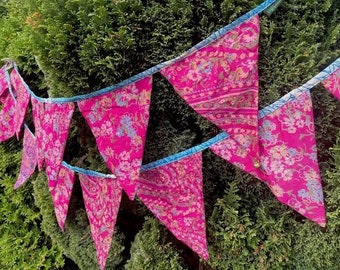 Upcycled Single Sari Colour Bunting From 100% Pre Loved Vintage Saris For Birthday Party Wedding And Play Room