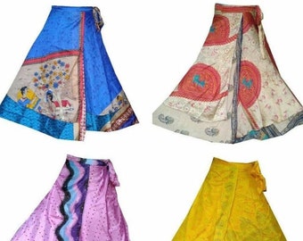 Groothandel mini zijden wikkelrokken Indiase korte knielengte Vintage dubbellaagse rokken Maxi-rokken Strandkleding Sarong-rokken