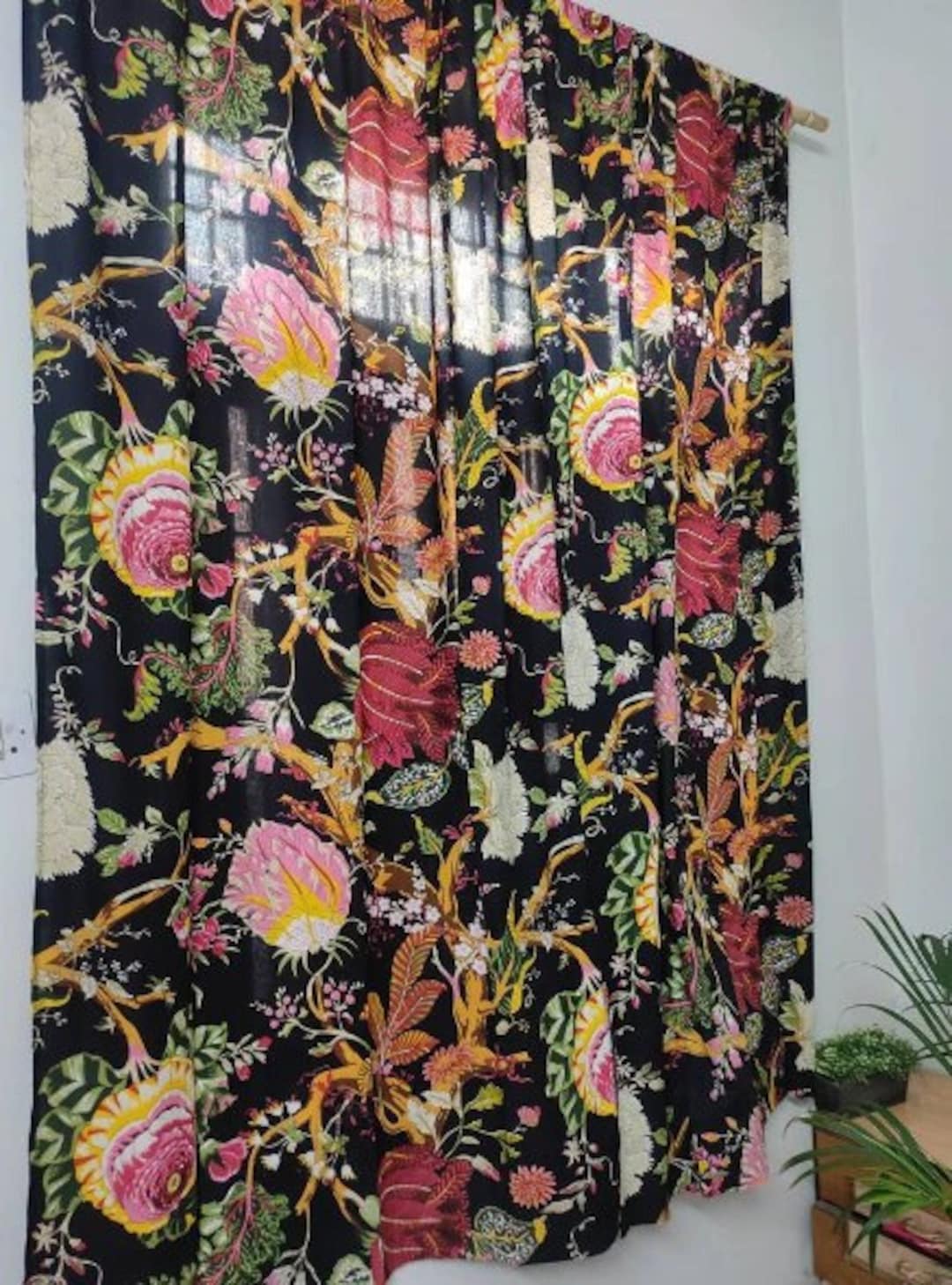 Black Floral Curtain Set of Two Panels Boho Drapes Shabby Chic Curtains