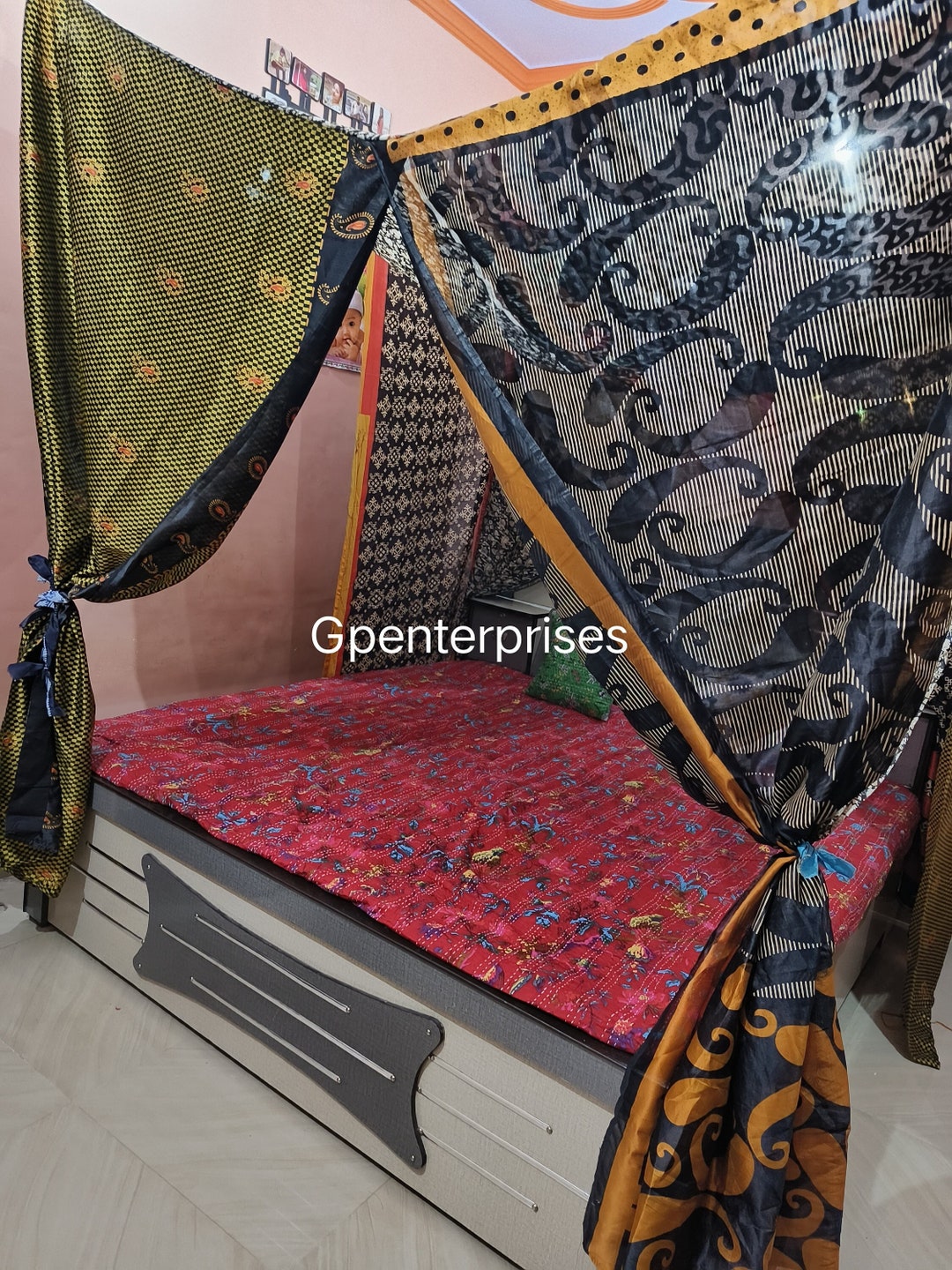 Black Bed Canopy Bohemian Bed Canopy Boho Decor Bed Canopy India Fabric