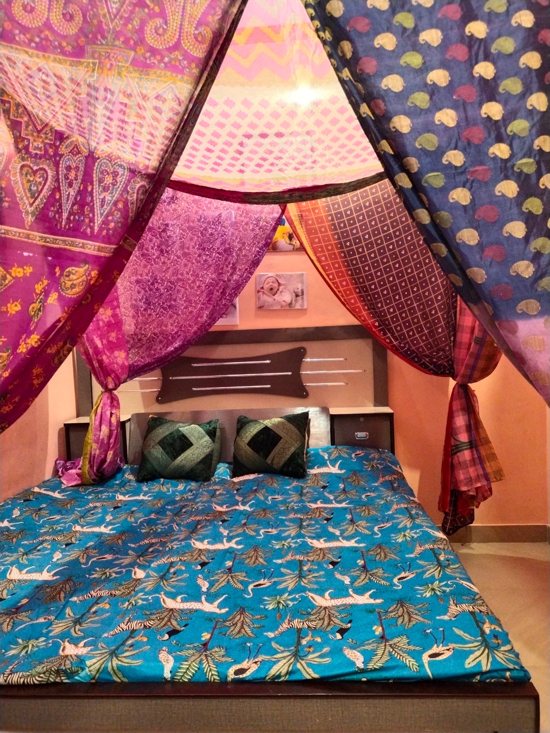 Sari Bed Canopy, Bohemian Bed Canopy, Boho Decor Matching Colours Bed