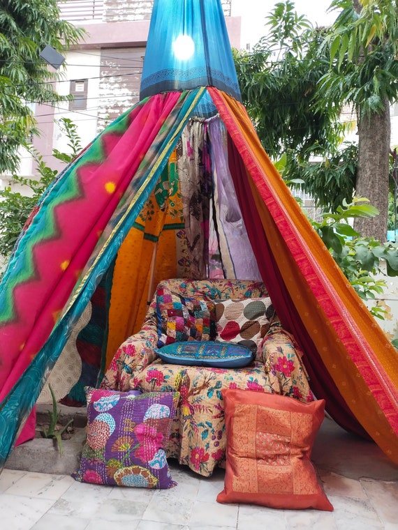 Hippie Decor SET Floor Seating Area Boho Canopy With Decorative Cushions  and Floor Pillow Covers Unique Bohemian Decor Meditation Room 