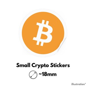 Puede incluir: Pegatina circular naranja con un símbolo de Bitcoin blanco. Pegatinas pequeñas de criptomonedas ~18mm.