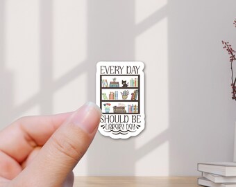 Vinylsticker Library Day: cadeau boekenliefhebber, kat en boeken
