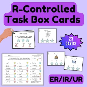 Puede incluir: Un conjunto de tarjetas educativas R-Controlled Task Box que incluye una hoja de registro y varias tarjetas con palabras para completar, ilustraciones y estrellas. El texto incluye R-Controlled Task Box Cards, 23 CARDS y ER/IR/UR.