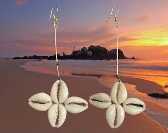 Cowrie Shell Flower Statement Earrings. Handcrafted in East Africa. Wearable Art! Unique Cowrie Shell Brass Dangling Earrings