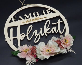 HoLziKAT family sign Welcome 6 mm thick wooden wreath door sign name plate door wreath decoration door decoration gift