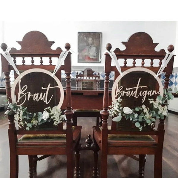 Panneaux de mariage, panneaux de chaise, panneau de chaise, décoration de mariage, nom souhaité, découpé à la main, set (2 pièces), mariée, marié, HoLziKAT