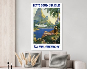 Vintage South Seas isles, Tahiti travel poster, Pan American Airline, Pan Am, Tiki, Hula Girl