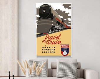 Póster de viaje vintage Canadian Pacific Train de un tren art deco que viaja en Canadá