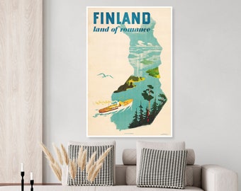 Vintage Finland Travel Poster, Land of Romance, Scandinavia poster, Cruise poster, Finland map