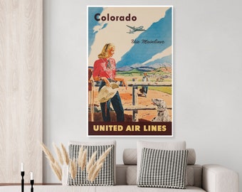 Vintage Colorado travel poster, Denver, Cowgirl, airline poster