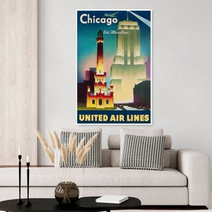 Vintage airline Chicago travel poster, Chicago Illinois, water tower, mainliner poster