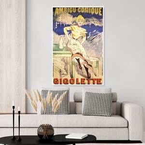 Vintage French Parisian Art Nouveau Casino Moulin Rouge style poster, Jules Cheret, woman, Ambigu Comique Gigolette