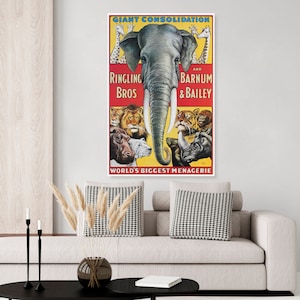 Vintage Ringling Brothers Barnum and Bailey Circus poster, circus animals, elephant, lion, tiger, bear, chimpanzee, giraffe kids room decor