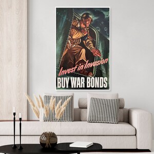 vintage WWII invest in invasion war bonds poster, US Army Air Corps, US Air Force, airplane, Army Airborne, d-day paratrooper poster