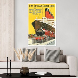 Vintage Cunard Cruise Liner travel poster, Cruise steam ship, steam locomotive, train poster, Ocean liner, art deco travel poster