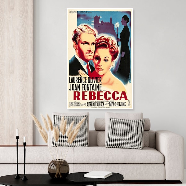 Vintage Alfred Hitchcock Rebecca movie poster, classic Hollywood movie, suspense movie, film noir poster, Laurence Olivier, Joan Fontaine