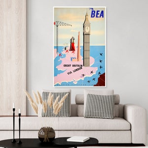 Vintage Great Britain London England travel poster, Big Ben, castle, airline poster