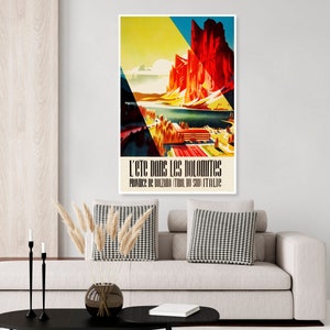 Vintage Italian Dolomites travel poster, Italy mountains, art deco, European travel poster
