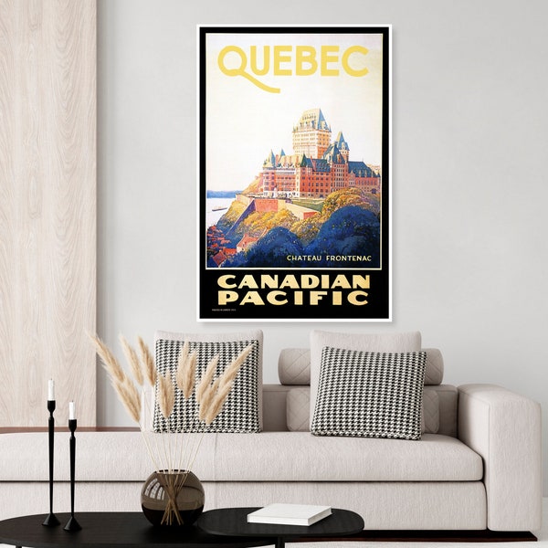 Vintage Quebec Canada Travel Poster with Chateau Frontenac, Hotel, Canadian pacific, railroad poster