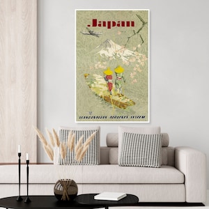 Vintage Airline Travel Poster of Japan with Mt. Fiji and Cherry Blossoms