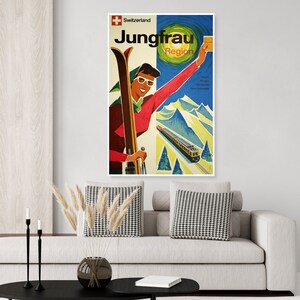 Vintage Switzerland travel poster, Jungfrau railway, Swiss Alps,  woman skiing travel poster, European ski poster
