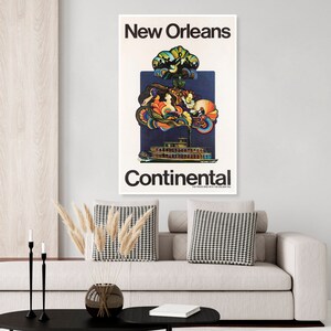 Vintage airlines travel poster for New Orleans Louisiana, French Quarter, ragtime, Jazz festival, paddle wheel riverboat, southern poster