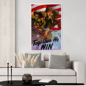 vintage WWII together we win, war bond poster, US Marines, US Army, military poster