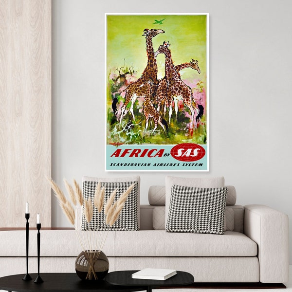 Vintage African safari travel poster, Kenya, South Africa, featuring some Giraffes, African wildlife poster, airline poster