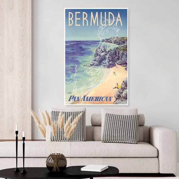 Vintage Bermuda Pan American Airlines Travel Poster, Caribbean poster, vintage airline poster