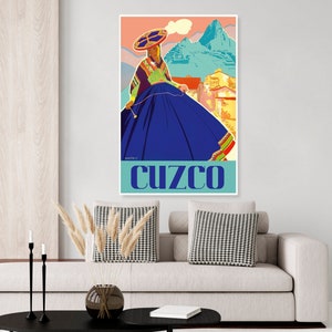 Vintage Cuzco Peru travel poster showing an Incan woman in a town below Machu Picchu