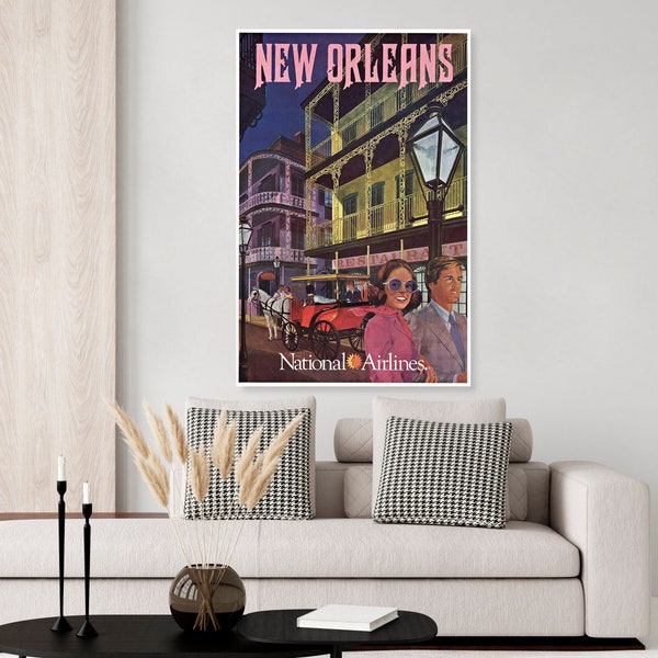 Vintage National Airlines travel poster for New Orleans Louisiana, French Quarter, carriage, vintage couple, Jazz festival, southern poster