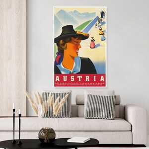 Vintage Austria travel poster, Austrian, woman, Alps, Vienna Austria, art deco poster