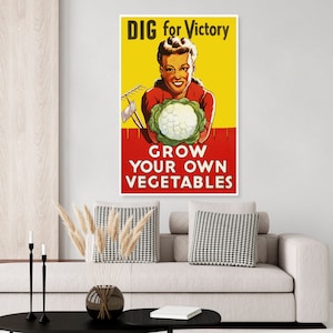 Vintage WWII Victory garden poster, propaganda poster, home front, gardening, fruits and vegetables, healthy living, cauliflower, housewife