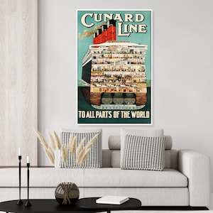 Vintage Cunard Cruise Liner travel poster, Cruise steam ship,  Ocean liner, art deco travel poster, cut out