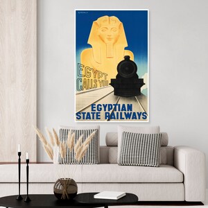 Vintage Egypt travel poster, Egyptian State railways, train, locomotive, The Great Sphinx, Cairo, art deco poster