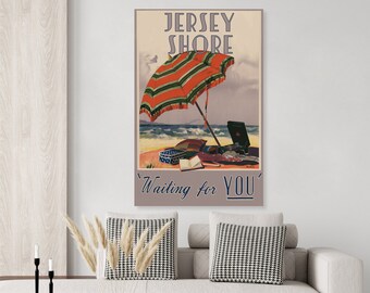 Vintage Inspired Jersey Shore New Jersey Travel Poster, Beach