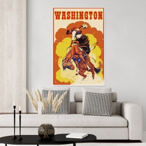 Washington Rodeo vintage poster, western, trick riding, horses, cowboy poster, Washington poster