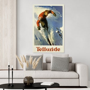 Vintage inspired Telluride Colorado vintage ski poster, skiing decor, ski art print
