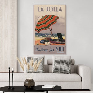 Vintage inspired La Jolla California travel poster, beach, nautical, costal decor, waiting for you, San Diego art print