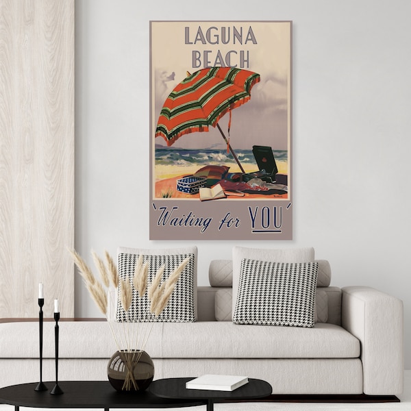 Vintage inspired Laguna Beach California travel poster, beach, nautical, costal decor, waiting for you, art print