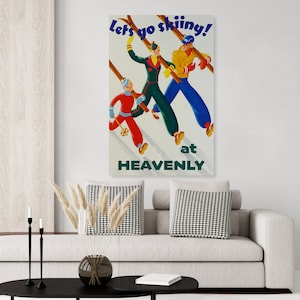 Vintage inspired Heavenly Lake Tahoe California vintage ski poster, skiing decor, ski art print