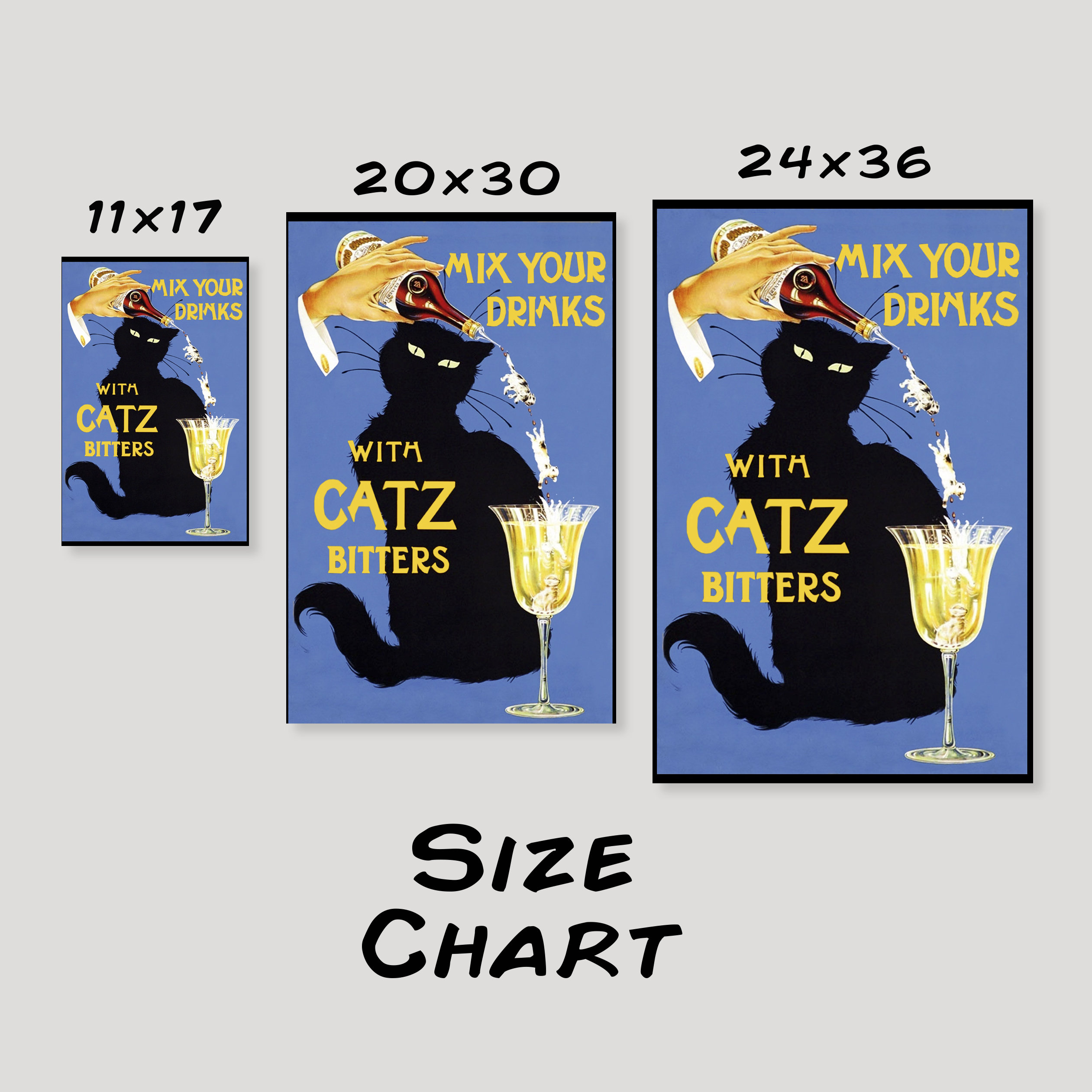 Vintage Catz Bitters Alcohol Poster, Bar Cart Art, Bar Decor, Black Cat