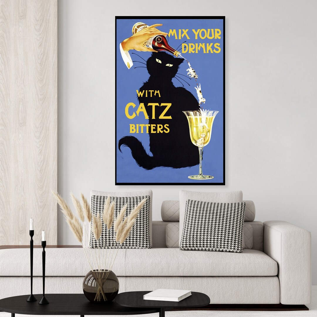 Vintage Catz Bitters Alcohol Poster, Bar Cart Art, Bar Decor, Black Cat