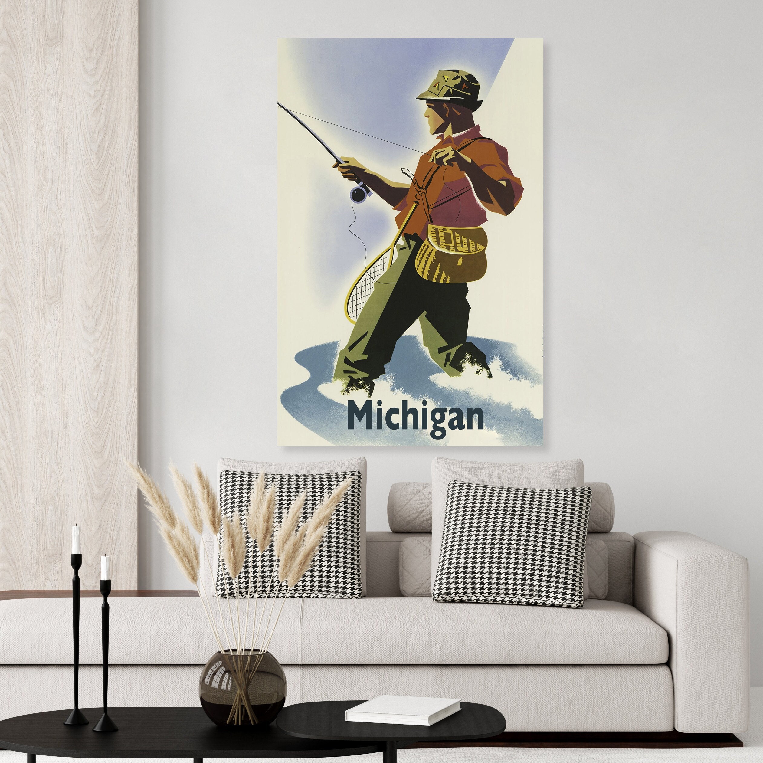 Vintage Inspired Michigan Fishing Travel Poster, Fly Fishing, Trout Fishing,  Wall Art 