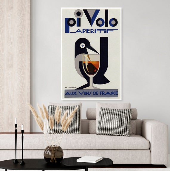 Vintage French Pi Volt Aperitif Alcohol Poster, Aux Vins De France, 1920's,  Bar Cart Art, Liquor, Bird 